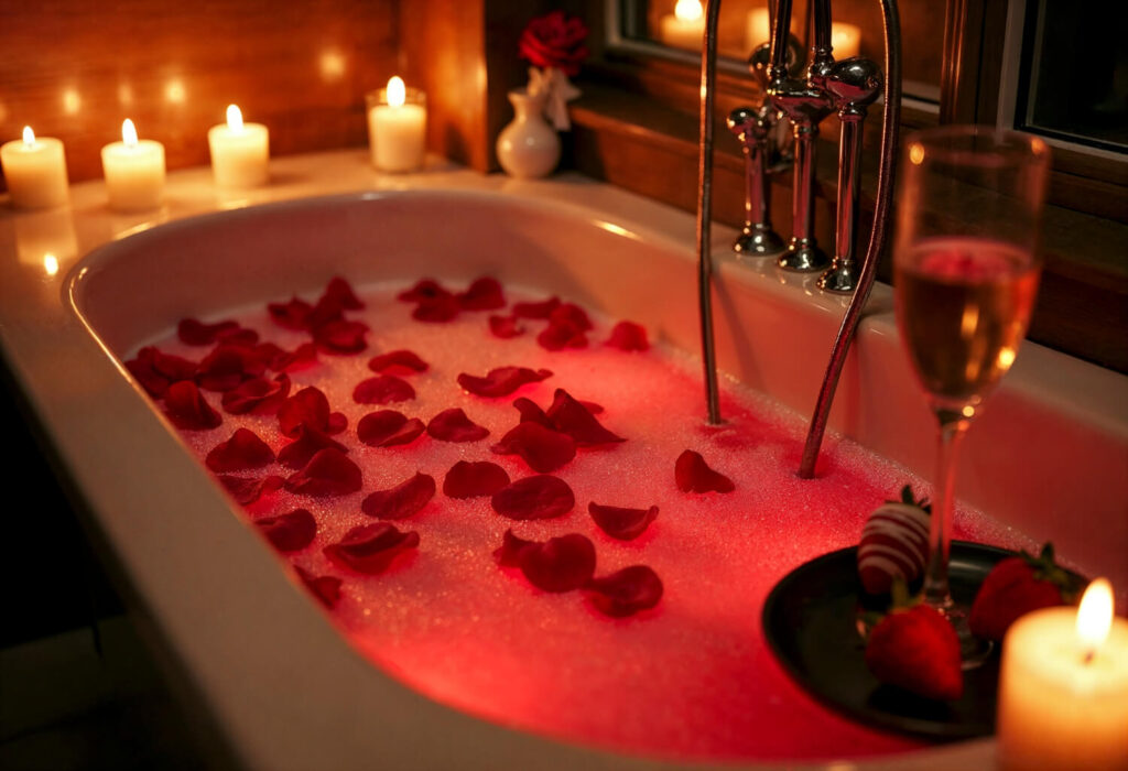 Banheira com água morna, espuma, pétalas de rosa e velas ao redor, criando um ambiente relaxante e propício para uma rotina noturna voltada à higiene do sono.