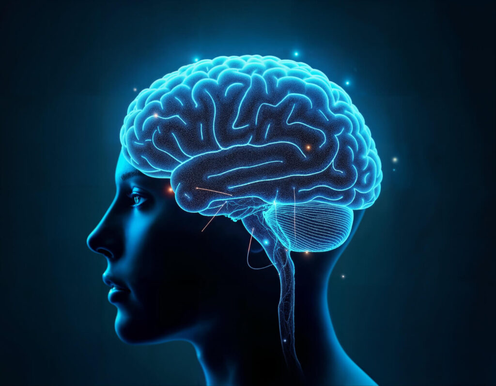 Ilustração do cérebro humano destacando a atividade neural, representando os impactos da pressão alta na saúde cerebral e os riscos associados à hipertensão.