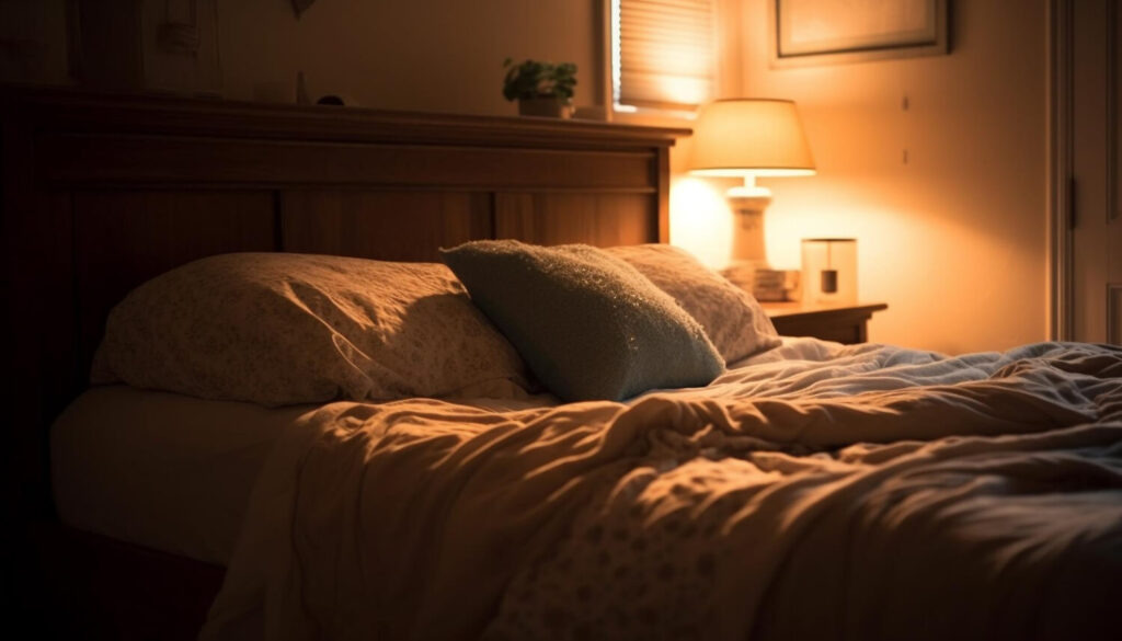 Quarto aconchegante com iluminação suave e quente, cama arrumada e ambiente organizado, ideal para relaxamento e promoção da higiene do sono.