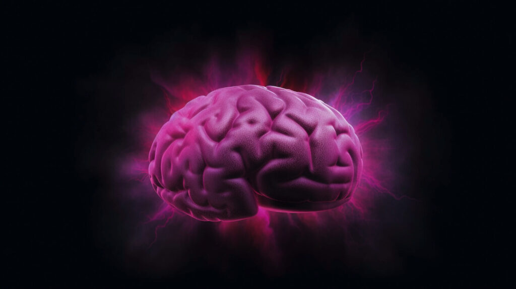 Ilustração digital de um cérebro humano com iluminação roxa em fundo escuro, representando os impactos neurológicos do Alzheimer, incluindo degeneração cerebral, perda de memória e alterações cognitivas progressivas.