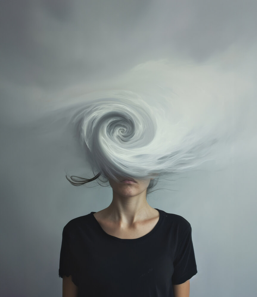 Representação artística de uma mente hiperativa e sobrecarregada, ilustrando os impactos da ansiedade e da privação do sono na saúde mental e no funcionamento cerebral.